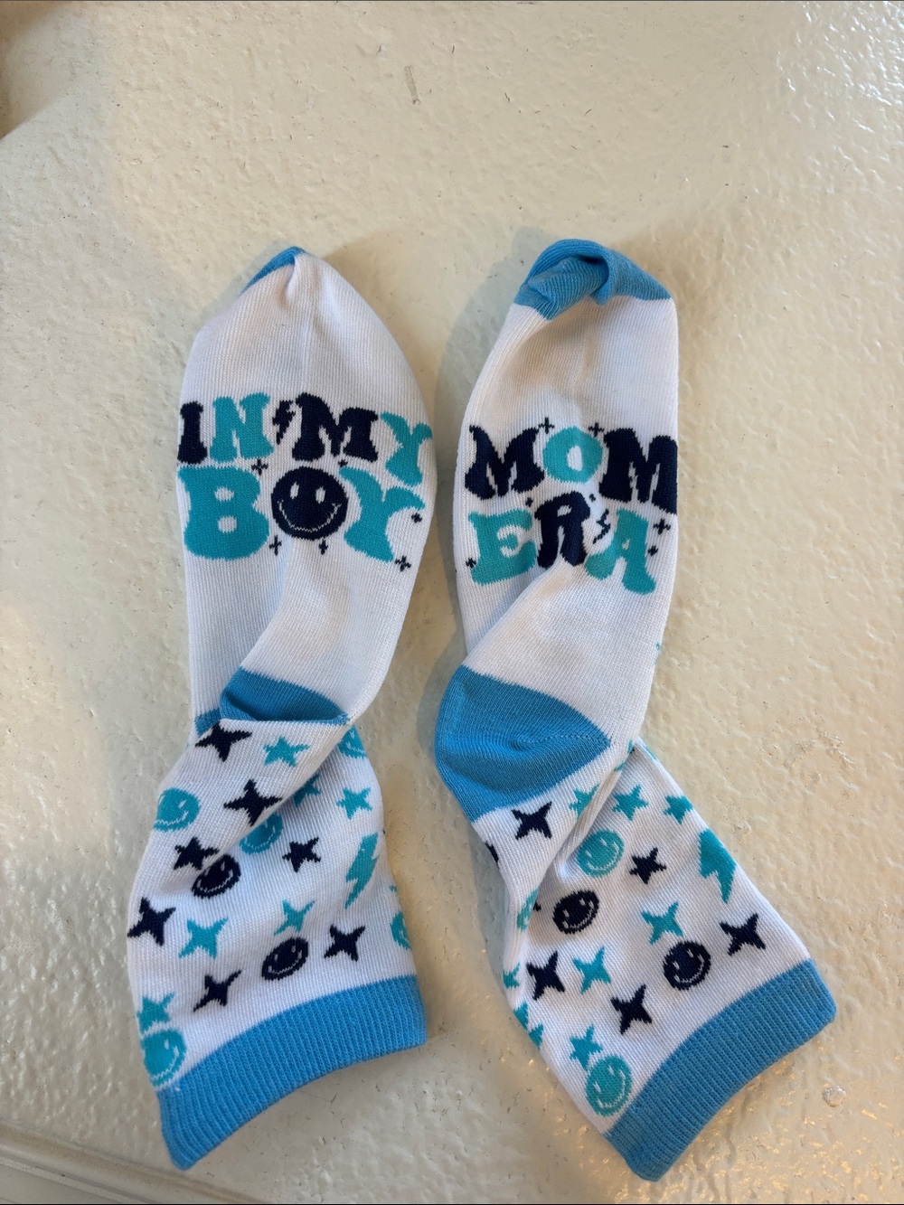 “In my boy mom era” White Crew Socks with Blue and Teal Star & Icon Pattern